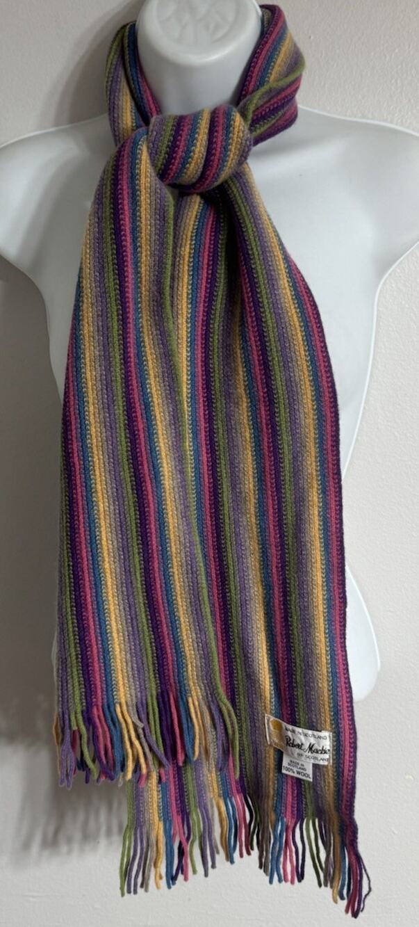 Robert Mackie of Scotland 100% Wool Knit Rainbow Striped Fringe Scarf 63X7”